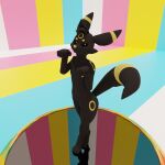  abstract_background accessory anthro black_body black_fur blender_(software) curved_tail ear_bands eeveelution fever-dreamer fur furgonomics generation_2_pokemon hi_res humanoid kris-kawaii male nintendo paw_pose pokemon pokemon_(species) pose solo tail tail_accessory tailband umbreon 