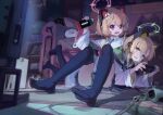  2girls absurdres animal_ear_headphones animal_ears black_skirt black_thighhighs blonde_hair blue_archive blue_necktie blush cat cat_ear_headphones cat_ears cat_tail coat fake_animal_ears fake_tail female_child green_eyes headphones highres hokushuu looking_at_another midori_(blue_archive) miniskirt momoi_(blue_archive) multiple_girls necktie nintendo_switch no_shoes off_shoulder open_mouth pleated_skirt red_eyes ribbon shirt short_hair siblings sisters skirt tail thighhighs twins white_coat white_shirt 