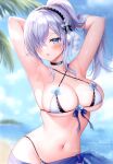  1girl :o absurdres armpits arms_behind_head arms_up bare_arms bare_shoulders beach bikini black_choker blue_eyes blurry breasts choker cleavage criss-cross_halter depth_of_field hair_over_one_eye hairband halterneck highres large_breasts long_hair looking_at_viewer mitsuba_choco navel open_mouth original outdoors ponytail sarong scan sidelocks skindentation solo stomach string_bikini swimsuit upper_body wet white_bikini white_hair 