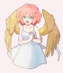  1girl :d angel angel_wings artist_name bare_shoulders blush character_request collarbone dated dress green_eyes hair_between_eyes lirio_(nikori9) looking_at_viewer madou_monogatari open_mouth own_hands_together pink_hair puyopuyo short_hair simple_background sleeveless sleeveless_dress smile solo white_background white_dress wings yellow_wings 
