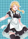  1girl ^_^ apron black_dress black_ribbon black_thighhighs blonde_hair blue_background blush bow bowtie breasts clarice_(idolmaster) closed_eyes cowboy_shot dress frilled_apron frilled_dress frills hair_bow hair_ribbon hand_up idolmaster idolmaster_cinderella_girls idolmaster_cinderella_girls_starlight_stage long_hair maid maid_headdress medium_breasts namiko817 open_mouth outstretched_arm plaid plaid_background red_brooch ribbon short_sleeves shy sidelocks skirt_hold smile solo standing sweatdrop thighhighs waist_bow white_apron white_bow white_bowtie white_wrist_cuffs zettai_ryouiki 