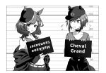  2girls animal_ears bare_shoulders baseball_cap belt character_name cheval_grand_(umamusume) choker closed_mouth crop_top ears_through_headwear flying_sweatdrops greyscale hair_ornament hairclip hat height horse_ears jacket long_sleeves looking_at_another looking_at_viewer matikane_tannhauser_(umamusume) medium_hair midriff monochrome mugshot multicolored_hair multiple_girls navel off_shoulder open_mouth short_hair skirt smile streaked_hair umamusume upper_body v-shaped_eyebrows wakkigen 