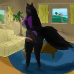  absurd_res anthro blush bodily_fluids butt_slap clothed clothing female furniture genital_fluids grass hair hi_res inside long_hair palm_tree partially_clothed pillow plant pussy_juice slap solo spanking tail thick_thighs tree window window_curtains 