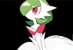  1girl bangs bare_shoulders black_background bob_cut chromatic_aberration colored_skin commentary dress elbow_gloves flat_chest gardevoir gloves green_hair hair_over_one_eye looking_up mega_gardevoir mega_pokemon no_mouth one_eye_covered pokemon pokemon_(creature) red_eyes short_hair simple_background sketch solo standing strapless strapless_dress takashi_(pixiv_80298118) upper_body v_arms white_dress white_gloves white_skin 