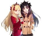  2girls black_bow black_hair black_skirt blonde_hair bow brown_coat coat coffee collared_shirt crown drink duffel_coat ereshkigal_(fate) fate/grand_order fate_(series) hair_bow hands_in_pockets headpiece holding holding_drink ishtar_(fate) long_hair looking_at_viewer miniskirt morii_shizuki multiple_girls open_mouth parted_bangs plaid plaid_skirt red_bow red_coat red_eyes scarf shirt simple_background skirt smile two_side_up white_background winter_clothes 