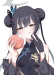  1girl black_dress black_gloves black_hair blue_archive blush breasts butterfly_hair_ornament chabo_24 china_dress chinese_clothes closed_mouth coat collarbone double_bun dragon_print dress food fruit gloves grey_coat grey_eyes grey_halo hair_bun hair_ornament halo highres holding holding_food holding_fruit kisaki_(blue_archive) long_hair long_sleeves peach simple_background single_glove small_breasts solo striped striped_coat tongue tongue_out twintails upper_body vertical-striped_coat vertical_stripes white_background 