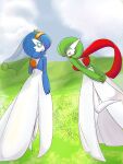  2023 3_fingers absurd_res blue_hair duo eye_contact eyes_closed featureless_feet female field fingers gardevoir generation_3_pokemon green_hair hair hair_over_eye hands_behind_back happy hi_res humanoid looking_at_another midori_(mielsen) nintendo not_furry one_eye_obstructed open_mouth orange_eyes pokemon pokemon_(species) raised_leg renv saeko_(renv) scarf shiny_pokemon signature veil walking 