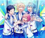  4boys :d ^_^ arm_around_shoulder arm_up badge belly_chain belt belt_buckle black_hair blonde_hair blue_eyes blue_hair blue_jacket blue_pants blue_vest blurry blurry_background blush braid braided_bun buckle closed_eyes commentary_request confetti ensemble_stars! epaulettes eyelashes fine_(ensemble_stars!) floating_hair fushimi_yuzuru gold_trim hair_between_eyes hair_bun happy hibiki_wataru himemiya_tori holding holding_hands holding_microphone hug jacket jewelry lapels long_hair long_sleeves looking_at_viewer male_focus microphone mole mole_under_eye multicolored_clothes multicolored_jacket multiple_boys noka_(blackheart1118) open_clothes open_jacket open_mouth pants pink_hair raised_eyebrows shirt short_hair side_braid single_hair_bun smile stage stage_lights standing sweat teeth tenshouin_eichi upper_teeth_only very_long_hair vest white_belt white_jacket white_shirt 