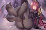  1girl armor ass bed bodysuit breasts curtains fate/grand_order fate_(series) feet foot_focus foreshortening hair_intakes highres kamue knees_up large_breasts legs leotard no_shoes pauldrons purple_bodysuit purple_hair purple_leotard red_eyes scathach_(fate) shoulder_armor smell soles solo spread_toes steaming_body toenails toes 