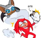  absurd_res anthro bat bite bodily_fluids brown_body brown_fur clothing duo echidna evil_grin eyelashes female fur gloves green_eyes hair half-closed_eyes handwear hi_res knuckles_the_echidna male mammal micro monotreme motion_lines narrowed_eyes red_body red_fur red_hair rouge_the_bat sega simple_background size_difference smaller_female smile sonic_the_hedgehog_(series) spikes tears tears_of_pain violetmadness7 white_background white_hair 