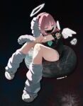  1girl absurdres arm_warmers black_shirt blue_hair blue_nails earth_(planet) full_body ghost halo headphones highres kneehighs knees_up looking_away loose_socks mask mouth_mask original pink_hair planet shirt shoes short_hair short_sleeves sitting skull socks solo waterkuma wings 