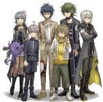  1girl 1other 4boys ahoge bandaged_chest black_footwear blonde_hair blue_eyes blue_hair blue_jacket boots braid chest_tattoo closed_mouth coat collared_shirt commentary_request crossed_arms desuhiko_thunderbolt facial_hair flower fubuki_clockford full_body glasses green_eyes green_hair grey_coat grey_hair hair_between_eyes hair_flower hair_ornament halara_nightmare hand_on_another&#039;s_shoulder hand_on_own_chest hashi_(84_rainco) highres hood hood_down hooded_coat hoodie horns jacket jewelry long_hair long_sleeves looking_at_viewer master_detective_archives:_rain_code multiple_boys necklace open_mouth pants partially_unbuttoned pink-framed_eyewear pink_flower purple_eyeliner purple_eyes purple_hair round_eyewear shinigami_(rain_code) shirt short_hair single_braid sleeveless_coat smile standing stubble tattoo tinted_eyewear v vivia_twilight white_footwear white_jacket white_shirt yakou_furio yellow_hoodie yellow_jacket yellow_pants yuma_kokohead 