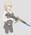  1girl absurdres bare_arms bare_shoulders black_pants black_tank_top breasts cleavage closed_mouth collarbone commentary_request cropped_legs grey_background grey_eyes gun hair_between_eyes highres holding holding_gun holding_weapon light_brown_hair medium_breasts original pants short_hair simple_background solo soutou_nagi suppressor tank_top trigger_discipline weapon weapon_request 