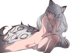  1girl absurdres animal_ear_fluff animal_ears arknights blush braid breasts completely_nude erection fate_monaral futanari grey_eyes highres large_breasts leopard_ears leopard_girl leopard_tail long_hair looking_at_viewer navel nipples nude penis pramanix_(arknights) shadow side_braids solo spotted_tail tail testicles twin_braids uncensored 