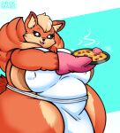  2023 absurd_res anthro apron apron_only areola artist_name big_areola big_breasts biped black_sclera blue_background breasts brown_areola canid canine cheek_tuft clothing cute_fangs drokmars eyebrows eyelashes facial_tuft female food fox fur gloves_(marking) handwear head_tuft hi_res holding_object huge_breasts ineffective_clothing inner_ear_fluff mammal mane markings melody_(drokmars) mostly_nude nipple_outline open_mouth oven_mitts overweight overweight_anthro overweight_female pizza red_body red_fur simple_background solo tan_body tan_fur thick_thighs tuft white_background white_eyes 