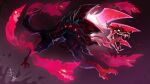 absurdres armor claws creature dated dog from_side full_body glowing glowing_eyes highres league_of_legends long_tongue naafiri open_mouth saivaro_(axel_fraxel) sharp_teeth signature teeth tongue tongue_out 