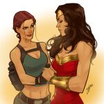  2girls black_hair bracelet breasts brown_hair cleavage closed_eyes dc_comics evgenybornyakov highres holding_hands jewelry lara_croft medium_breasts midriff multiple_girls superhero tiara tomb_raider wonder_woman 