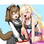  2girls :d ahoge animal_collar animal_ears bell belt biscuit_(nikke) black_dress black_sports_bra blonde_hair blush bone_hair_ornament bow bowtie breasts brown_hair buckle chagaun_gim checkered_bow checkered_bowtie checkered_clothes cleavage closed_eyes collar collarbone collared_shirt dog_ears dog_girl dog_tail dress dress_shirt facial_tattoo fangs food food_on_face goddess_of_victory:_nikke gradient_hair hair_bell hair_ornament hair_ribbon headpat heart heart_hair_ornament heart_tattoo highres holding holding_leash jackal_(nikke) leash long_hair low_twintails medium_breasts medium_hair multicolored_hair multiple_girls open_mouth pink_hair pink_ribbon pink_shorts pleated_dress puffy_sleeves red_collar ribbon shirt short_shorts shorts side_ponytail sidelocks sitting smile spiked_legwear sports_bra streaked_hair tail tattoo tongue tongue_out twintails 