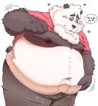  &lt;3 2023 anthro bear belly big_belly black_body black_nose blush bottomwear clothed clothing clothing_lift english_text giant_panda hi_res male mammal moobs navel nipples obese obese_male overweight overweight_male pants shirt shirt_lift simple_background solo sr_panda_86 text topwear white_background white_body 