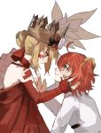  2girls ahoge blonde_hair blush braid chaldea_uniform closed_mouth crown crying crying_with_eyes_open dragon_tail dress eye_contact facial_mark fate/grand_order fate_(series) french_braid from_side fujimaru_ritsuka_(female) gloves hair_intakes hair_ornament hair_scrunchie highres long_hair long_sleeves looking_at_another medium_hair multiple_girls nero_claudius_(fate) orange_eyes orange_hair queen_draco_(fate) queen_draco_(first_ascension)_(fate) red_dress red_eyes red_gloves scrunchie side_ponytail simple_background single_glove sleeveless sleeveless_dress smile syusyaku tail tears white_background wiping_tears yellow_scrunchie 