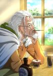  alcohol beard black_eyes bottle day drink elbows_on_table facial_hair glass glasses highres ice ice_cube indoors long_sleeves mouth_hold musasabiop old old_man one_piece orange_shirt robe shirt silvers_rayleigh sunlight white_hair white_robe window 
