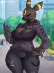  2023 5_fingers absurd_res anthro blurred_background breasts cleavage clothed clothing collar digital_media_(artwork) ear_piercing eeveelution eyelashes female fingers gammainks generation_2_pokemon hi_res holding_object looking_at_viewer nintendo outside piercing pokemon pokemon_(species) spiked_collar spikes umbreon 
