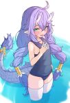  1girl absurdres ahoge bailu_(honkai:_star_rail) blue_one-piece_swimsuit blush dragon_horns dragon_tail green_eyes hair_between_eyes hair_tubes hand_on_own_hip highres honkai:_star_rail honkai_(series) horns kyaong long_hair looking_at_viewer one-piece_swimsuit open_mouth pointy_ears purple_hair solo swimsuit tail thighhighs twintails very_long_hair wading water white_thighhighs 