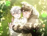  2boys aged_down blgoyo brown_hair brown_hoodie closed_eyes closed_mouth collared_shirt grass highres hood hoodie hug ilay_riegrow jeong_taeui male_focus multiple_boys on_grass outdoors parted_lips passion_(manhwa) shirt sleeping tree_shade upper_body white_hair white_shirt yaoi 