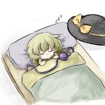  1girl :3 black_headwear blanket blush bow closed_eyes eyeball frilled_shirt_collar frills hat hat_bow hat_removed hat_ribbon headwear_removed heripantomorrow holding holding_blanket komeiji_koishi light_green_hair lying medium_hair on_back ribbon simple_background sleeping solo third_eye touhou under_covers wavy_hair white_background yellow_bow yellow_ribbon zzz 