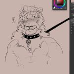  2022 anthro badge bite_mark bodily_fluids clip_studio_paint collar felid fur hair hi_res leash leash_pull lion looking_aside looking_at_another looking_at_partner male mammal muscular muscular_anthro muscular_male nipples orion_(xeoniios) pantherine ryzz_(xeoniios) simple_background sketch solo spiked_collar spikes sweat sweatdrop sweatdrop_(iconography) teeth teeth_showing xeoniios 