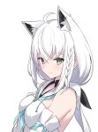  1girl absurdres ahoge animal_ear_fluff animal_ears aqua_eyes bare_shoulders blue_neckerchief braid breasts detached_sleeves fox_ears fox_girl gomrang highres hololive long_hair looking_at_viewer low-tied_long_hair neckerchief shirakami_fubuki shirakami_fubuki_(1st_costume) side_braid single_braid solo virtual_youtuber white_hair 