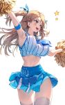  1girl armpits blonde_hair blue_eyes blue_ribbon blush breasts cheering cheerleader crop_top hair_ribbon highres holding holding_pom_poms huwari_(dnwls3010) large_breasts long_hair midriff miniskirt navel open_mouth original pleated_skirt pom_pom_(cheerleading) ribbon simple_background skirt sleeveless solo star_(symbol) striped thighs white_background 