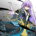  1girl alternate_costume breasts cleavage corruption dark_persona dress evil_grin evil_smile facial_mark fire_emblem fire_emblem:_genealogy_of_the_holy_war forehead_mark grin julia_(fire_emblem) lipstick long_hair makeup mind_control purple_eyes purple_hair purple_lips simple_background smile solo yukia_(firstaid0) 