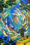  6+others baton_(conducting) black_suit colorful conductor drawing fantasy fish frog goldfish gouache_(medium) highres lily_pad miraenart multiple_others music no_humans original paint painting_(medium) pond standing suit traditional_media water_lily_flower watercolor_(medium) 