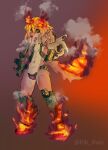  abs absurd_res ambiguous_gender anthro belly breath canid canine canis cybernetic_arm cybernetic_leg cybernetic_limb fire flamethrower flaming_hair flaming_tail glowing glowing_pawpads hi_res horn male mammal navel pawpads pseudo_hair ranged_weapon rik_awu smoke smoke_from_mouth solo tail weapon wolf 