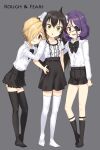  3girls :o black_bow black_bowtie black_hair black_shorts black_skirt black_socks black_thighhighs blonde_hair bow bowtie brown_eyes ear_piercing eyepatch full_body gengorou grey_background group_name hair_over_one_eye hair_ribbon hand_on_another&#039;s_shoulder hayasaka_mirei highres idolmaster idolmaster_cinderella_girls legwear_garter long_hair long_sleeves looking_at_viewer matoba_risa multicolored_hair multiple_girls no_shoes open_mouth piercing purple_hair red_hair ribbon shirasaka_koume shirt short_hair short_shorts shorts simple_background skirt smile socks thighhighs twintails two-tone_hair white_ribbon white_shirt white_thighhighs yellow_eyes zettai_ryouiki 