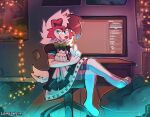  anthro bow_tie clothed clothing computer detailed_background generation_7_pokemon gesture hi_res lemeonlemon lycanroc maid_uniform male midnight_lycanroc nintendo pokemon pokemon_(species) sitting solo uniform v_sign 