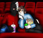  anthro azki_(azki_wolf) beverage_can black_body black_fur canid canine canis clothing dante_mutt_(artist) duo exphilia food fur hair heterochromia lagomorph leporid long_hair male male/male mammal movie_theater popcorn rabbit romantic romantic_couple tan_body tan_fur white_body white_fur wolf 