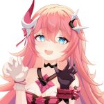  1girl :d asymmetrical_gloves bare_shoulders black_gloves blackheart` blue_eyes chinese_commentary claw_pose commentary commentary_request dress fang gloves hair_between_eyes hair_ornament highres honkai_(series) honkai_impact_3rd horns long_hair looking_at_viewer mismatched_gloves open_mouth pink_hair rozaliya_olenyeva simple_background single_horn skin_fang smile solo transparent_background white_gloves 