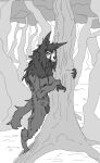  2023 anthro biped black_body black_fur black_hair black_nipples black_sclera bone breasts canid canine claws crotch_tuft digital_media_(artwork) digitigrade female finger_claws forest fur genitals greyscale hair hi_res long_hair malo mammal monochrome multi_nipple nipples nude_anthro nude_female outside plant pussy scp-1471 scp-1471-a scp_foundation skull skull_head solo standing tree tuft white_eyes yamabat yamagah 