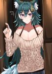  1girl alternate_costume animal_ear_fluff animal_ears bare_shoulders blue_hair blue_nails blue_sealad bra_strap breasts cleavage fox_ears fox_tail highres honkai:_star_rail honkai_(series) long_hair long_sleeves looking_at_viewer nail_polish off-shoulder_sweater off_shoulder parted_lips purple_eyes solo sweater tail upper_body very_long_hair yukong_(honkai:_star_rail) 
