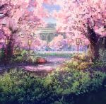  bench building bungou_to_alchemist bush cherry_blossoms day falling_petals flower lamppost no_humans official_art outdoors petals pink_flower scenery spring_(season) tree 