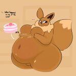  anthro belly big_belly breasts brown_body brown_fur brown_tail cake dessert eevee ellipsis english_text featureless_breasts female food fur generation_1_pokemon hi_res mammal navel neck_tuft nintendo nude obese obese_anthro obese_female overweight overweight_anthro overweight_female pokemon pokemon_(species) rumbling_stomach simple_background solo swallowpancakes tail text thick_thighs tuft 