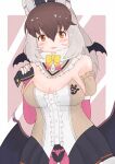  1girl animal_ears bat_ears bat_girl bat_wings brown_eyes brown_hair brown_long-eared_bat_(kemono_friends) elbow_gloves extra_ears fingerless_gloves gloves grey_hair highres kemono_friends kemono_friends_v_project leotard long_hair looking_at_viewer microphone pantyhose purple_background simple_background skirt solo sun3_bears virtual_youtuber wings 