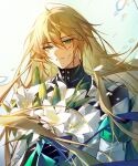  1boy absurdres aqua_ribbon black_gloves black_shirt blonde_hair bouquet coat flower gloves green_eyes hair_between_eyes highres holding holding_bouquet honkai:_star_rail honkai_(series) light_smile lily_(flower) long_hair long_sleeves looking_at_viewer luocha_(honkai:_star_rail) male_focus motion_blur parted_lips ribbon shirt snowing solo upper_body white_background white_coat white_flower white_lily yin01582942 