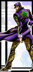  1boy black_hair chain character_name doily from_behind full_body hat highres jojo_no_kimyou_na_bouken kujo_jotaro long_coat male_focus metamin_(memethah) official_style purple_hair snake_print solo standing star_(symbol) stone_ocean zoom_layer 