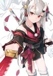  absurdres bell double_bun grey_hair hair_bell hair_bun hair_ornament highres holding holding_sword holding_weapon hololive horns katana kouhaku_nawa long_hair long_sleeves looking_at_viewer multicolored_hair nakiri_ayame nakiri_ayame_(1st_costume) ogura_tubuan oni_horns red_hair rope sheath shimenawa sketch smile streaked_hair sword unsheathed virtual_youtuber weapon white_background 