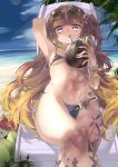  1girl absurdres anya_melfissa beach beach_chair bendy_straw bikini black_bikini blonde_hair breasts brown_hair coconut drink drinking_straw gradient_hair highres hololive hololive_indonesia long_hair lying multicolored_hair ocean on_back pparus sand skindentation small_breasts solo streaked_hair swimsuit tree two_side_up virtual_youtuber 