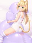  1girl animal_ears ass balloon blonde_hair blunt_bangs blush breasts cat_ears cat_tail closed_mouth from_behind green_eyes heart_balloon highres low_twintails original sasaame sitting small_breasts smile solo straddling striped striped_thighhighs tail tail_through_clothes thighhighs twintails white_thighhighs 