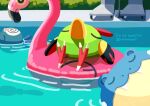  :3 afloat beach_chair closed_eyes commentary_request day fang flamigo full_body funahashi_(nkmmmmr) innertube lying natu no_humans on_back outdoors pokemon pokemon_(creature) poliwag pool poolside spheal twitter_username water 